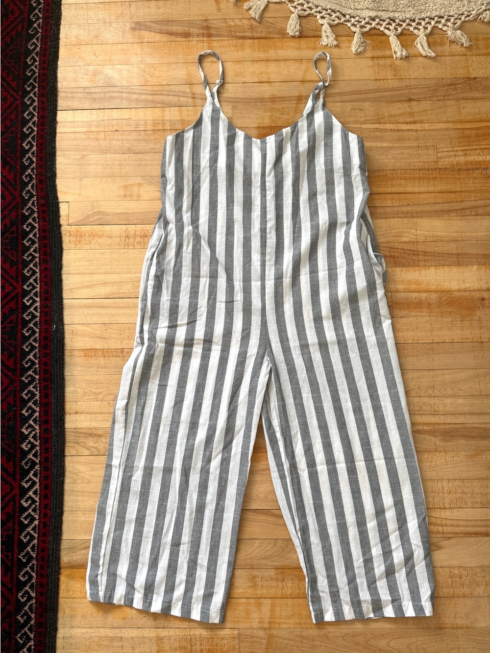 Gray and White Vertical Stripe Linen Romper